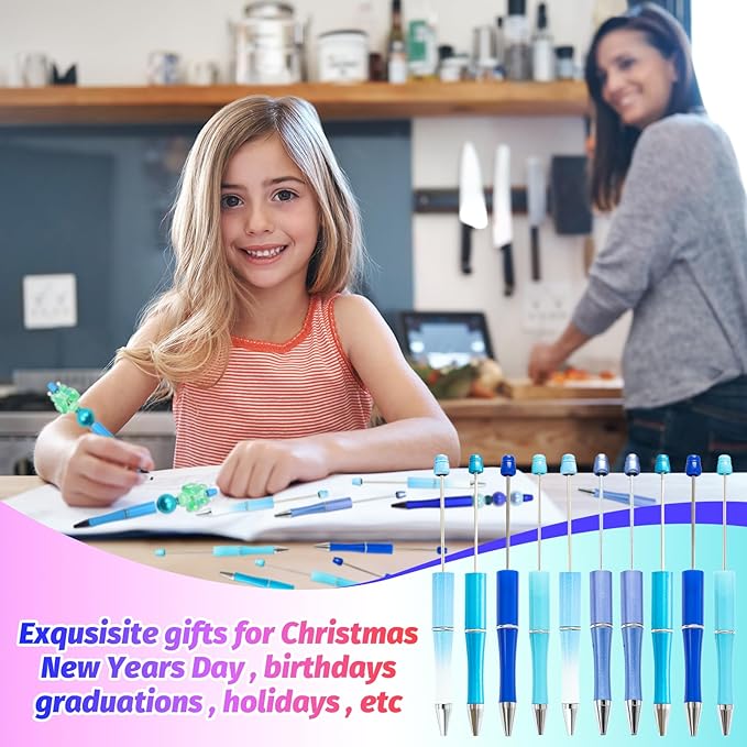 300 Pieces DIY Beadable Pen Kit – 100 Plastic Ballpoint Pens with Refills & Bags – School Supplies, Office Accessories & Decorative Items for Students & Teachers (Blue)