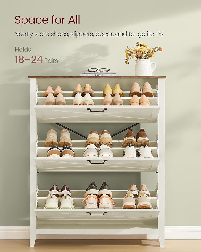 VASAGLE LIRY Collection - Shoe Storage Cabinet Organizer with 3 Flip Drawers, Freestanding Narrow Shoe Rack Cabinet for Entryway, Farmhouse Style, Fits 18 to 24 Pairs, Rustic White UHSC301W02