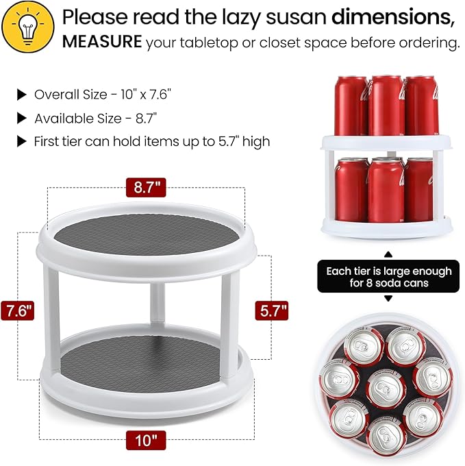 2 Tier 10" Turntable Lazy Susan Spice Organizer - Rotating Seasoning Rack for Pantry Cabinet Kitchen Countertop, Table Top Organizing - Multiuse Two Tier Rotating Organization Rack Spinner