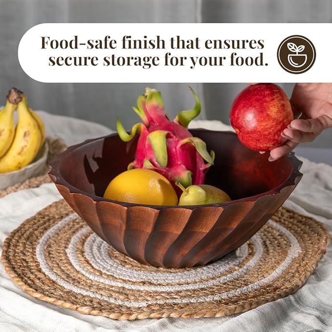 Folkulture Natural Ribbed Salad Bowl | 11” Large Mango Wood Serving Bowl for Salad, Fruit & Pasta | Decorative Wooden Bowl for Kitchen Island, Dining Table & Entertaining