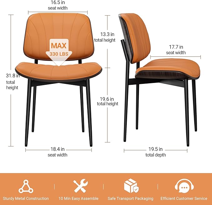 Dining Chairs Set of 8, Mid-Century Modern Upholstered PU Leather Chairs with Walnut Back and Metal Legs Adjustable Feet for Kitchen Dining Room, Orange Shell Strips