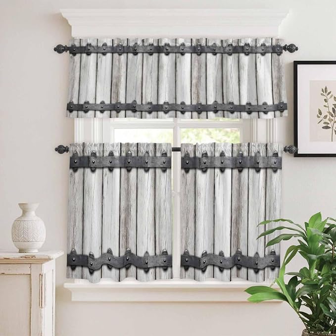 Farmhouse Rustic Kitchen Curtain Set, Vintage Country Wooden Grain Window
