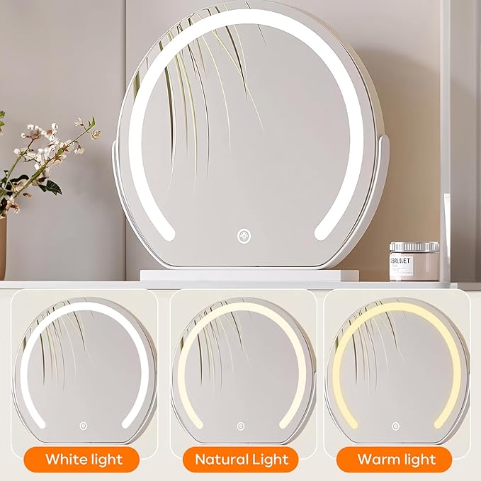Solid Wood Vanity Desk, Modern Makeup Vanity with Drawers & Rock Slab Countertop and LED Light Mirror, Simple Dressing Table with Makeup Stool for Bedroom (White)