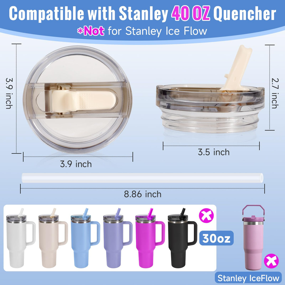 ANTAND 40oz Flip Straw Leak Proof Lid for Stanley Cup Accessories, 2 Pack No Spill Lid Replacement 40 oz Tumbler Detachable Cover Topper for Stanley Protour Lids(Quartz,Quartz)
