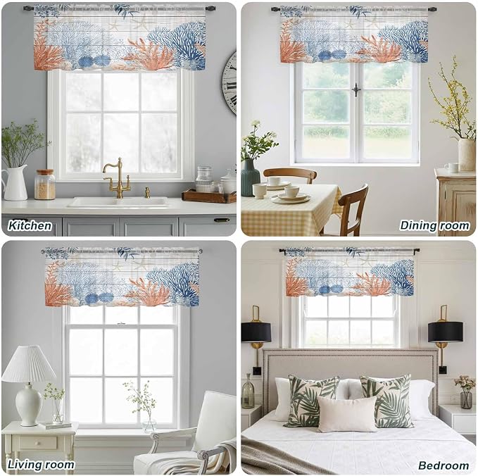 Ocean Corals Sheer Valance Curtains, Summer Beach Coral Sea Stars Wood Grain
