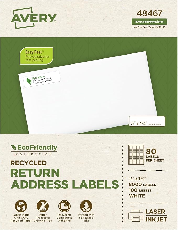 Avery EcoFriendly Recycled Return Address Labels, 1/2" x 1-3/4", White, Permanent Label Adhesive, 8,000 Printable Labels (48467)