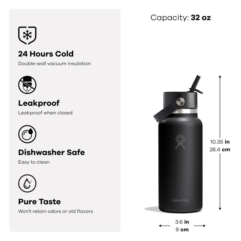 Hydro Flask Water Bottle - Insulated Stainless Steel - Wide Mouth Flex Straw Lid, Non Spill, Leakproof and Refillable in 32 Oz Tonal White