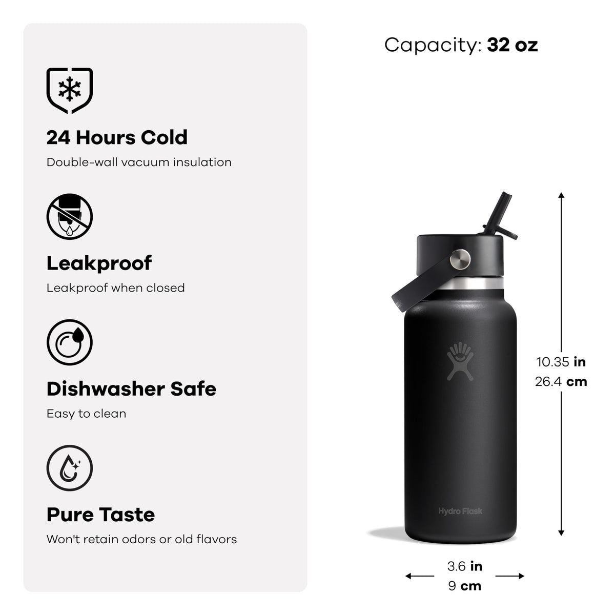 Hydro Flask Water Bottle - Insulated Stainless Steel - Wide Mouth Flex Straw Lid, Non Spill, Leakproof and Refillable in 32 Oz Popstar Pink
