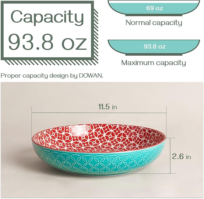 DOWAN Large Serving Bowls, 11.5 Inch Fruit Salad Bowls, Decorative Serving Dishes for Entertaining, 70 OZ Pasta Bowls Set of 2, Vibrant Color Mixing Bowls for Party, Wedding Gifts, Home Kitchen Decor