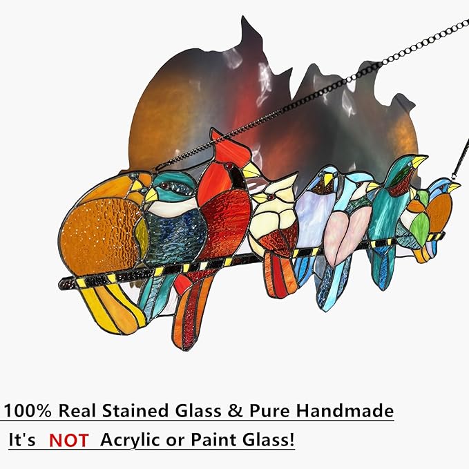 Stained Glass Birds Window Hangings, 9 Multicolor Stained Glass Birds on Branch Suncatcher, Handmade Tiffany Style Bird Lovers Gifts Decor for Mother, Women.