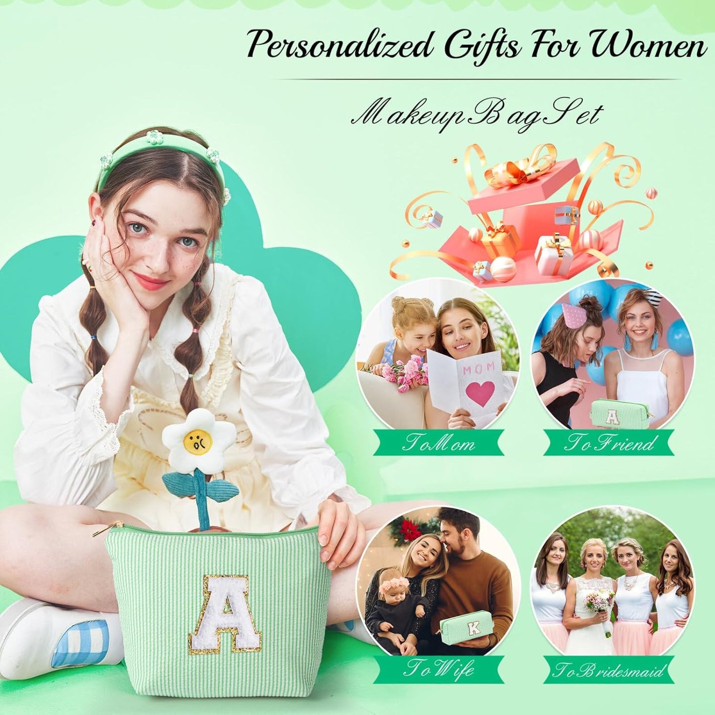YOOLIFE Gifts for Girls & Women, Teen & Birthday Gifts, Personalized Initial Makeup Bag