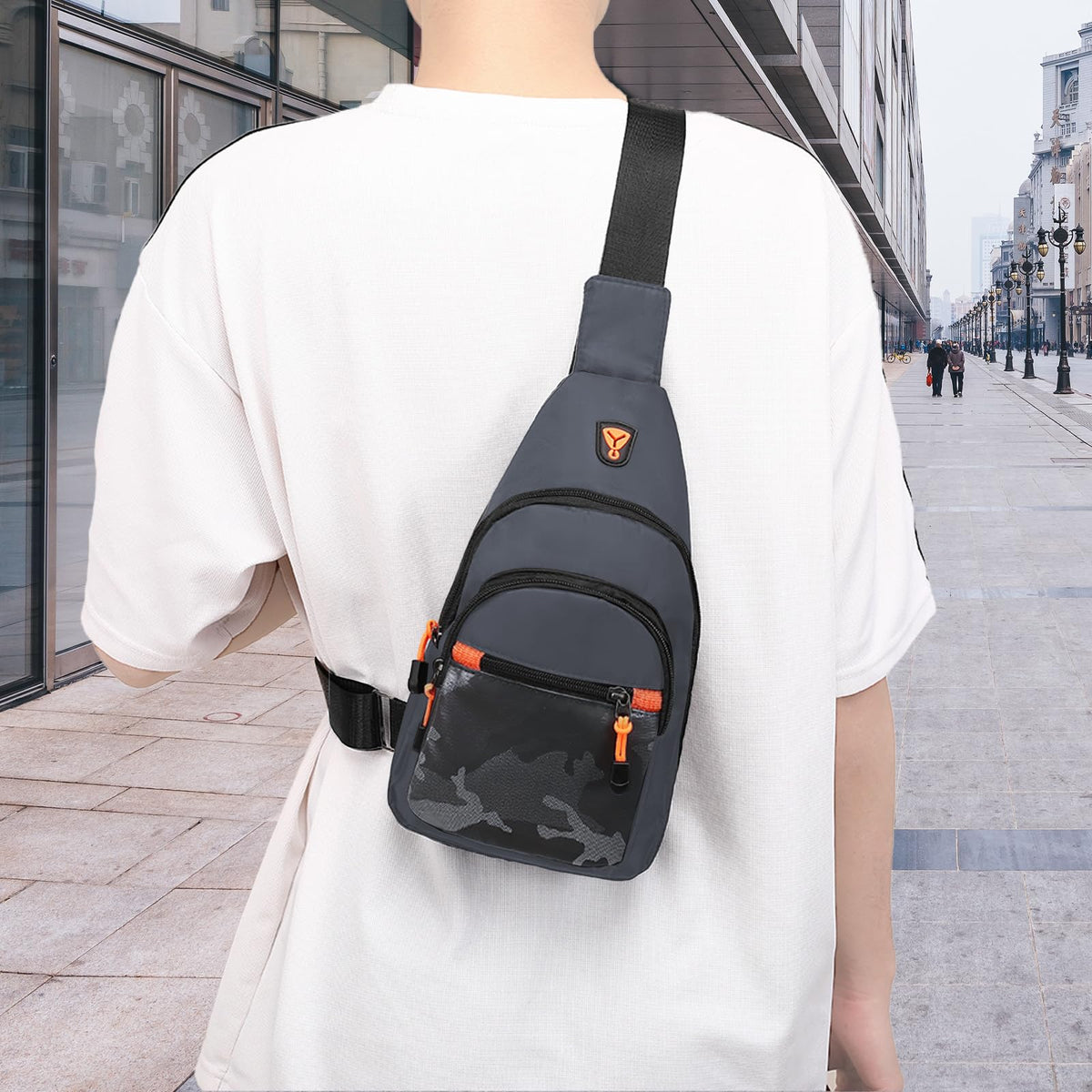MOSISO Small Sling Backpack Crossbody Sling Bag, Lightweight Hiking Daypack Shoulder Chest Bag with Camouflage Front Pocket, Gray