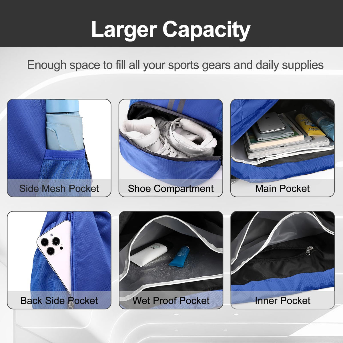 Hoedia Sports Drawstring Backpack - String Swim Gym Bag with Shoes Compartment and Wet Proof Pocket for Women&Men
