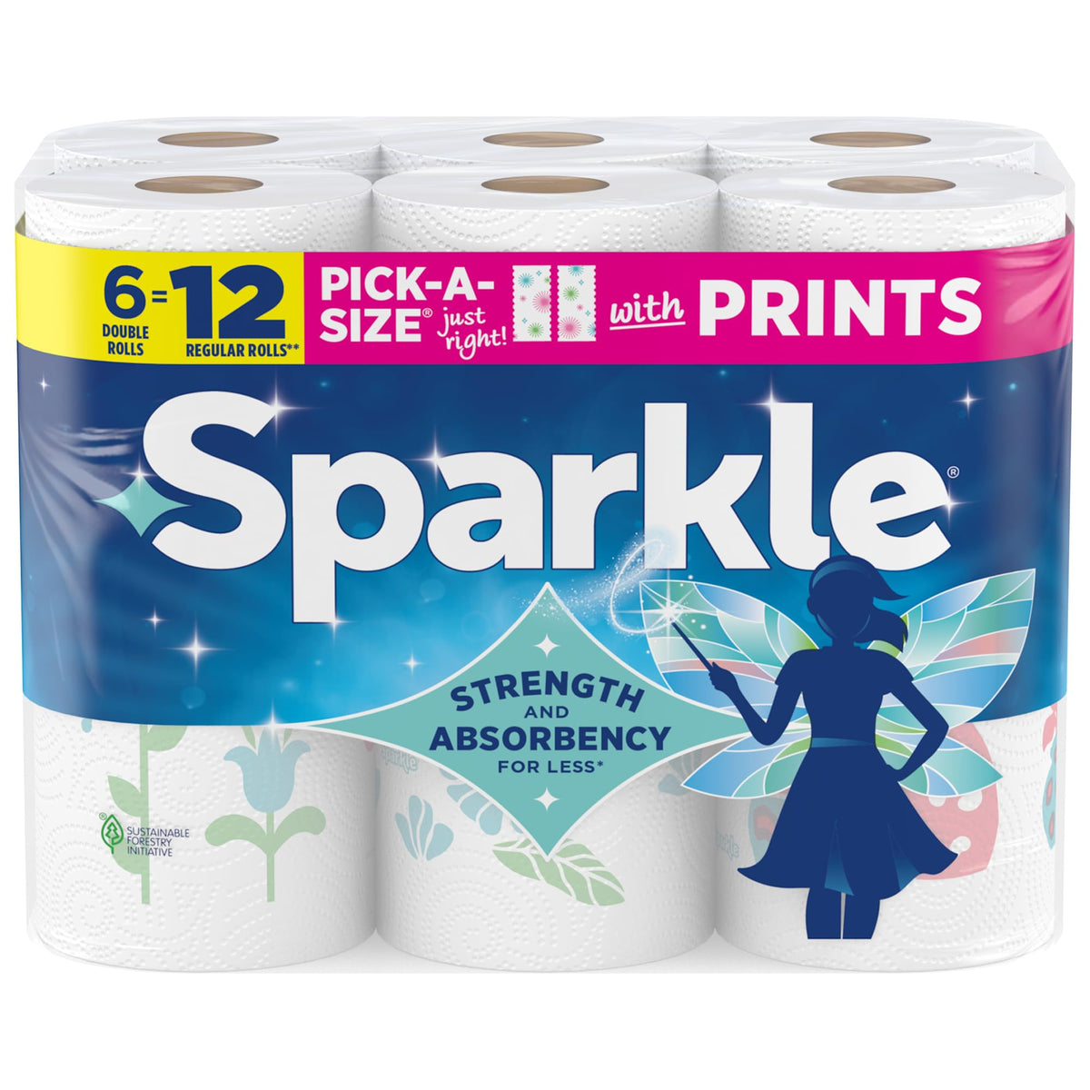Sparkle Pick-A-Size Paper Towels, Spirited Print Design, 6 Double Rolls (660 Sheets Total) - Strong 2-Ply Towels for Kitchen Cleanup and Everyday Messes