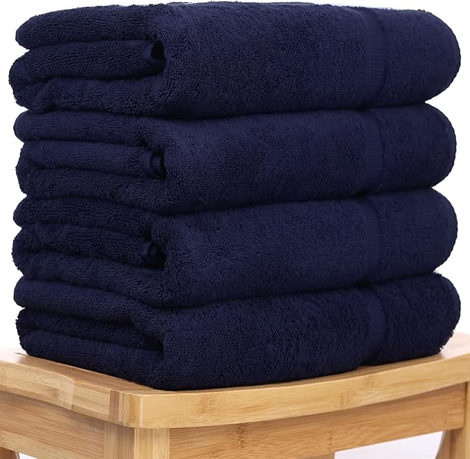 Luxury Hotel & Spa Collection Highly Absorbent, Quick Dry 100% Turkish Cotton 700 GSM, Eco Friendly Towel, for Bathroom Dobby Border Soft Bath Towel Set 27 X 54 -Navy Blue, Bath Towels - Set of 4