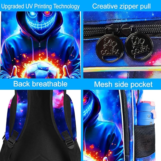 KLFVB 3PCS Boys Bookbag, 17" Kids Football Backpack and Lunch Box, Water Resistant School Backpack for Teenagers Middle Elementary - Demon Soccer