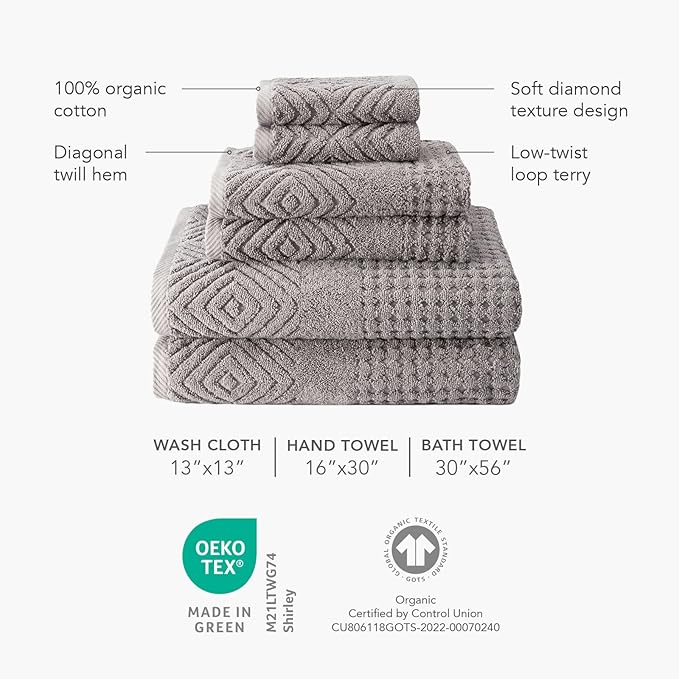 Texere 100% Organic Cotton Jacquard Towel Sets (Diamond, Merlot, 4 Bath Towels)