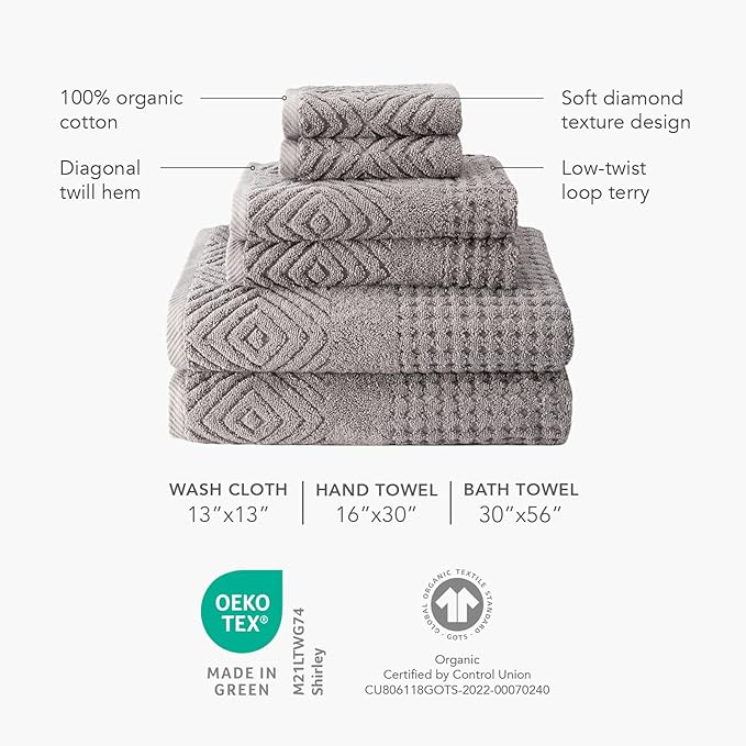 Texere 100% Organic Cotton Diamond Jacquard 700 GSM Luxury Bath Towel Sets, Soft and Absorbent Hotel Quality, Bath Towels, Hand Towels, Washcloths (Diamond, Bright White, 6 Piece)