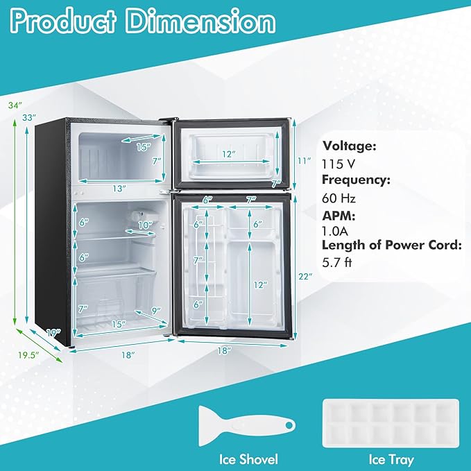 COSTWAY Compact Refrigerator, 3.2 Cu.Ft. Fridge Freezer Compartment with Reversible 2 Door, Adjustable Thermostat, Removable Glass Shelves, Mini Refrigerator for Bedroom Dorm Apartment, Silver