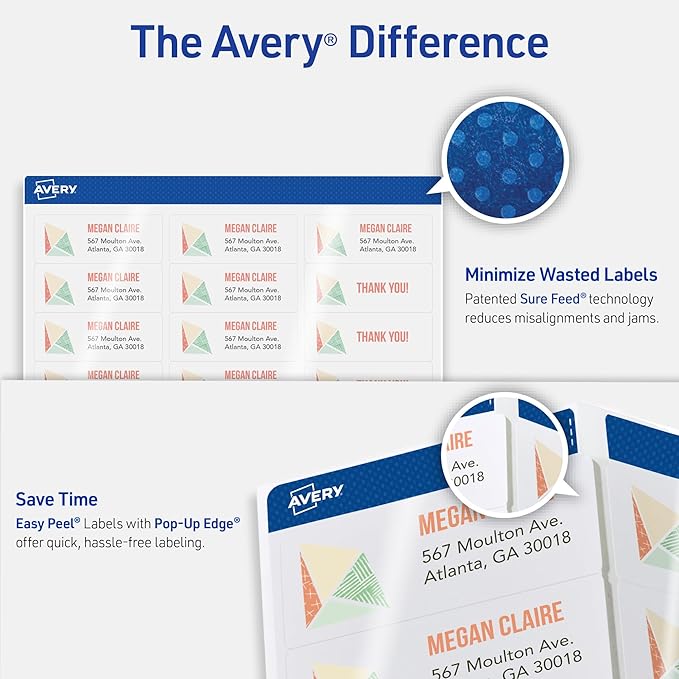 Avery Printable Return Address Labels with Sure Feed Technology, 2/3" x 1-3/4", White, Laser & Inkjet Compatible, 600 Blank Labels per Pack, Great for High-Volume Mailing (5-Pack of 18294)