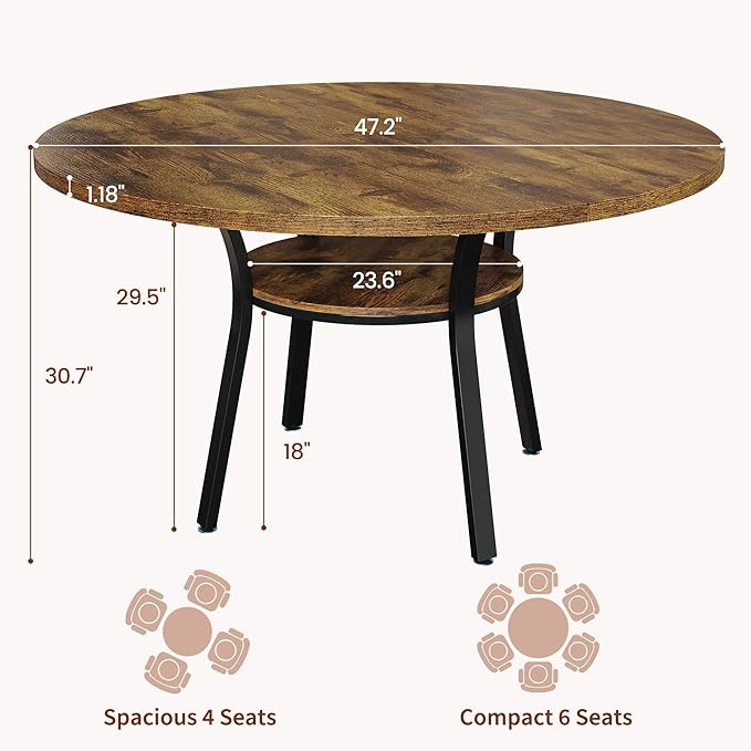 IDEALHOUSE Round Dining Table for 4-6, 47 Inch Kitchen Table with Sturdy Metal Frame, Space Saving Circle Dining Room Table for Small Space (Table Only), Rustic Brown