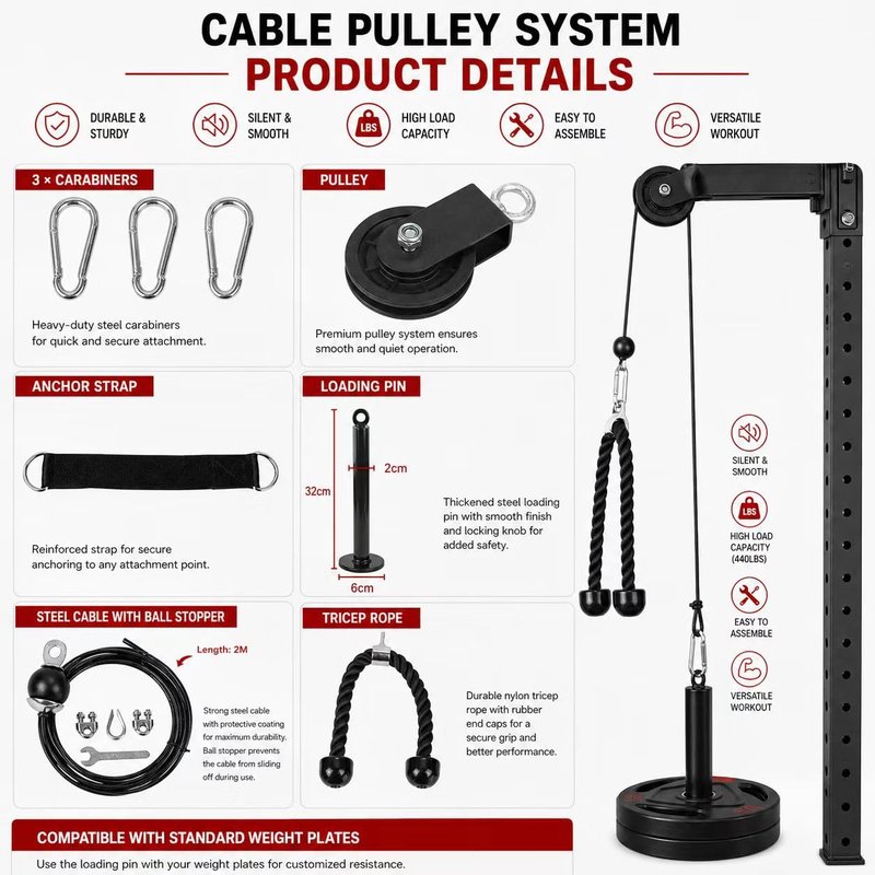 Cable Pulley System Home Gym, LAT Pull Down Weight Pulley System Gym Fitness DIY Loading Pin Weight Lifting Triceps Rope Workout Adjustable Length Pulley Cable Machine Attachments for Home Gym