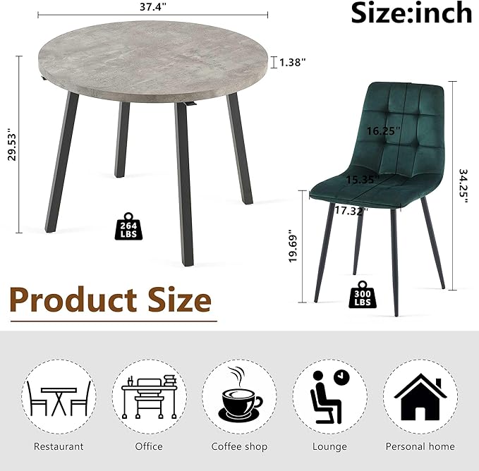 5 PCS Dining Room Table Set, Grey Kitchen Table with Hooks for Hanging, Thick MDF Tabletop, 4 Dark Green Velvet Living Room Chairs