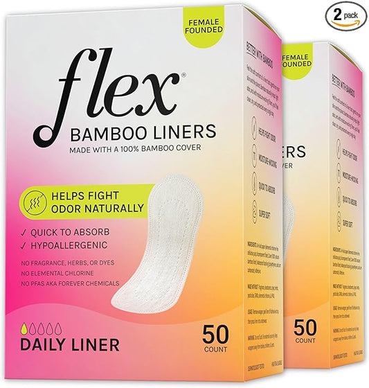 Flex Bamboo Panty Liners | Ultra Thin Daily Pantyliners | Comfortable Fragrance-Free Feminine Care Liners | 100% Bamboo | 7.08” Long, 10mL Absorbency | Helps Fight Odor | (2-Pack, 100 Liners Total)