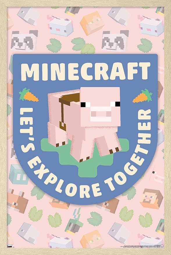Trends International Minecraft - Let's Explore Together Wall Poster, 34L x 22.4W, Blonde Framed Version