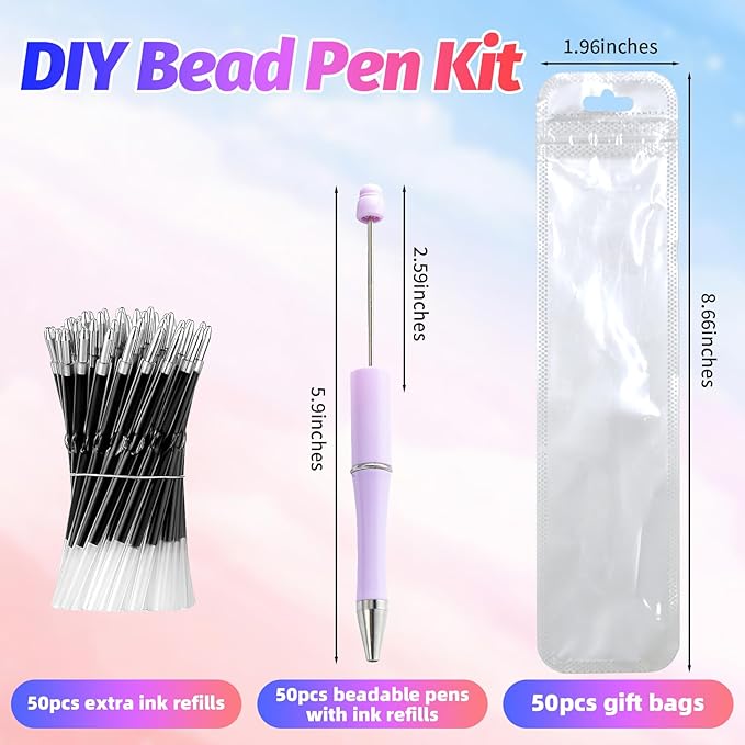 300 Pieces DIY Beadable Pen Kit – 100 Plastic Ballpoint Pens with Refills & Bags – School Supplies, Office Accessories & Decorative Items for Students & Teachers (Pastel)