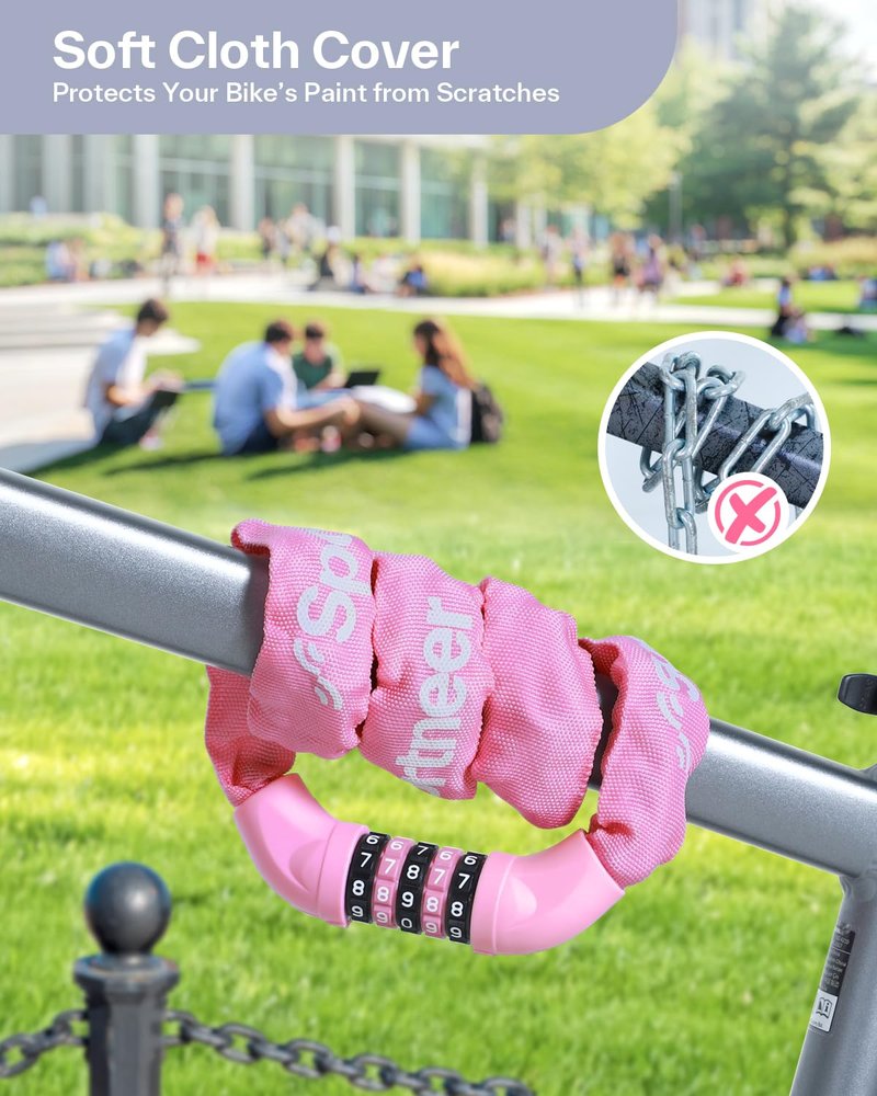 Sportneer Bike Lock: 5 Digit Combination High Security Anti Theft Bike Chain Lock - 3.2/3.6/4ft Heavy Duty Resettable Keyless Bicycle Lock for Bike, Motorcycle, Scooter, Door - 6mm Thick Pink