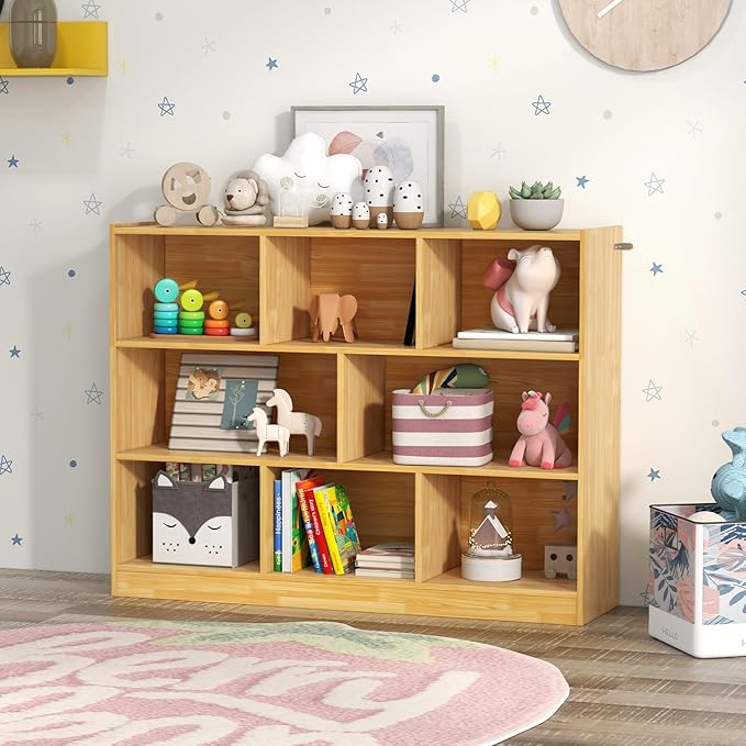 NAFORT 8-Cube Organizer Storage Cabinet, 3-Tier Bookshelf,Low Displaycase, Wooden Bookcase for Bedroom/Preschook/Classroom/Office, Burlywood