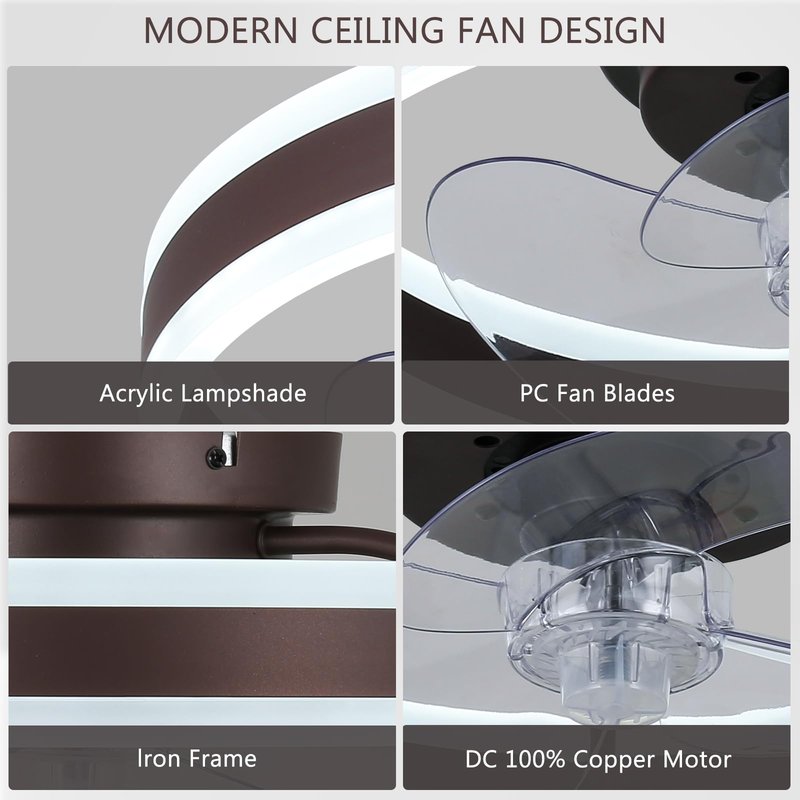 diisunbihuo 16" Low-Profile Ceiling Fan with Light (Coffee Brown), Modern Bladeless Enclosed Fandelier, Dimmable CCT, Remote & App Control, Timer & Memory for Bedroom/Living Room/Hallway