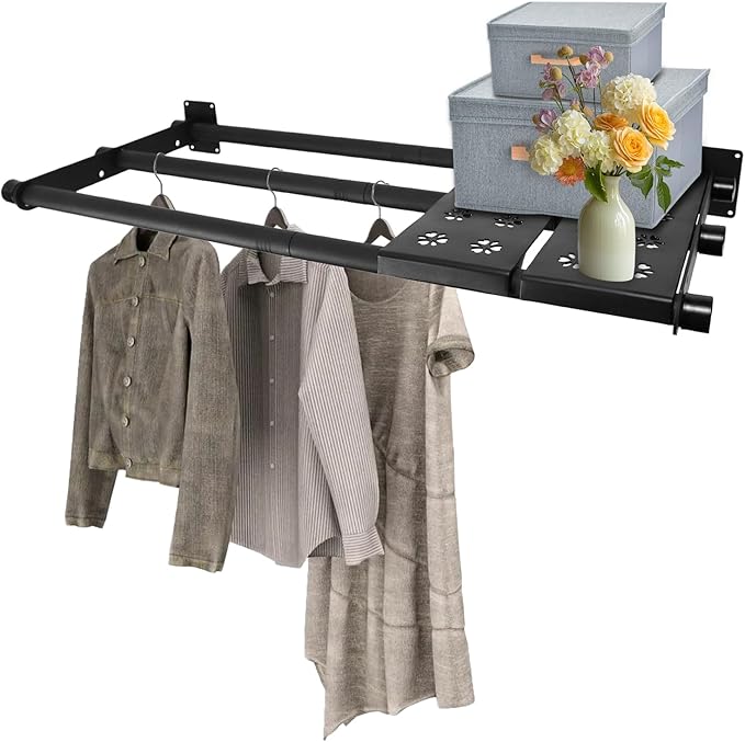 Closet Shelves Wall Mounted, 43 Inches Heavy Duty Closet Rod with Shelf Metal Utility Shelf for Wall, Closet, Laundry Room