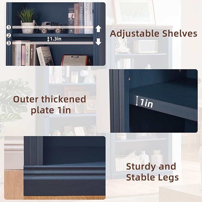 70" Blue Tall Bookshelf Set of 4,5-Tier Thick Wooden Book Shelf with Adjustable Shelves,Free Standing Farmhouse Bookcase with Open Display Storage,Floor Vintage Bookshelves for Living Room