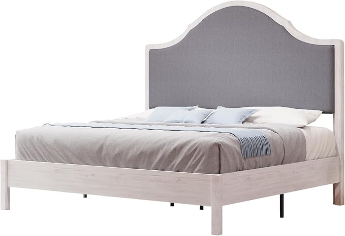 Jocisland Full Size Bed Frame with Tall Upholstered Curved Headboard, Solid Wood Platform Bed, No Box Spring Needed, Wood Slat Support, Easy Assembly, White