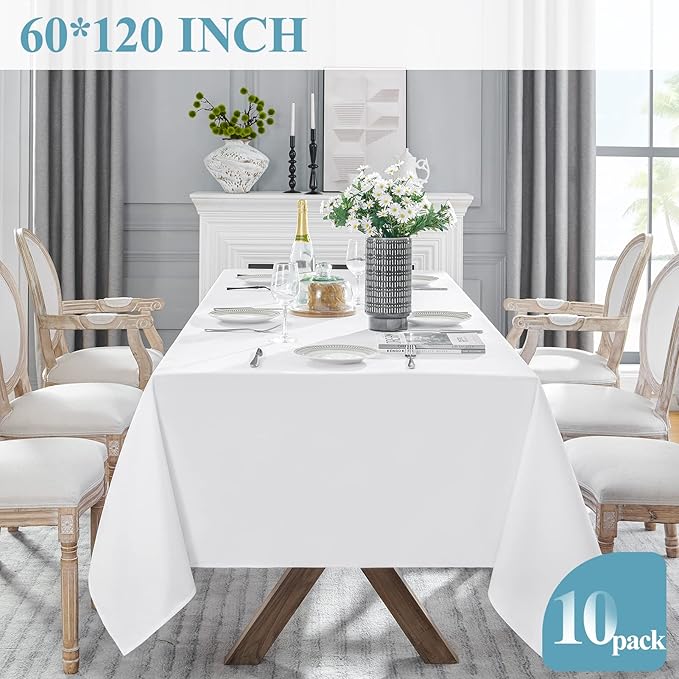 VidaFete Tablecloth 60 * 120inch 10 Pack Rectangle Table Cloth Polyester, Stain Wrinkle Resistant Dining Table Cover for Kitchen Dinning Party Wedding Rectangular Tabletop Buffet Decoration(White)