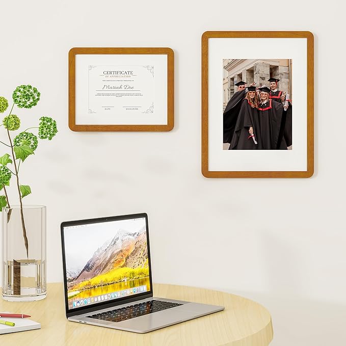 8.5 by 11 Picture Frame - Solid Teak Wood 8.5x11 Fram, 8 1/2 x 11 Diploma Frame With Mat For 6x8, Tabletop and Wall Display, Hanging Hardware Included, Certificate Document Frame, Natural Teak