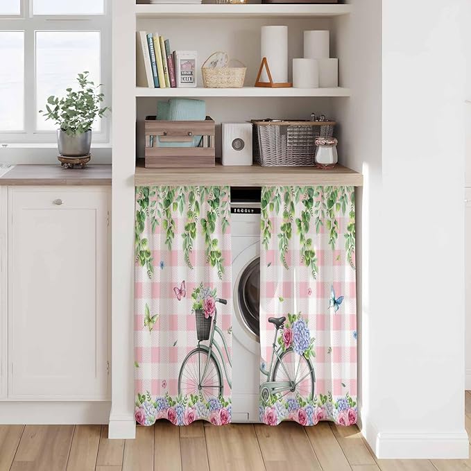 Spring Tier Curtains, Bicycles Leaves Butterfly Flowers Pink Buffalo Plaid