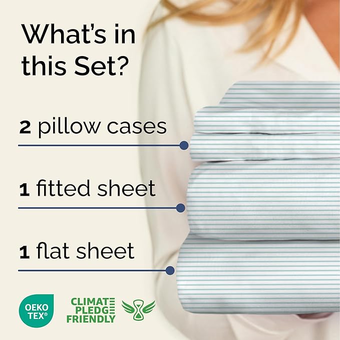 Striped Sheets - Blue & White Striped Sheets - 1 Flat & 1 Fitted & 2 Pillowcases w/ Deep Pockets – Wrinkle & Fade Free - Soft, Breathable and Cooling - Luxury Pinstripe Bedding - Full Size Bed Set