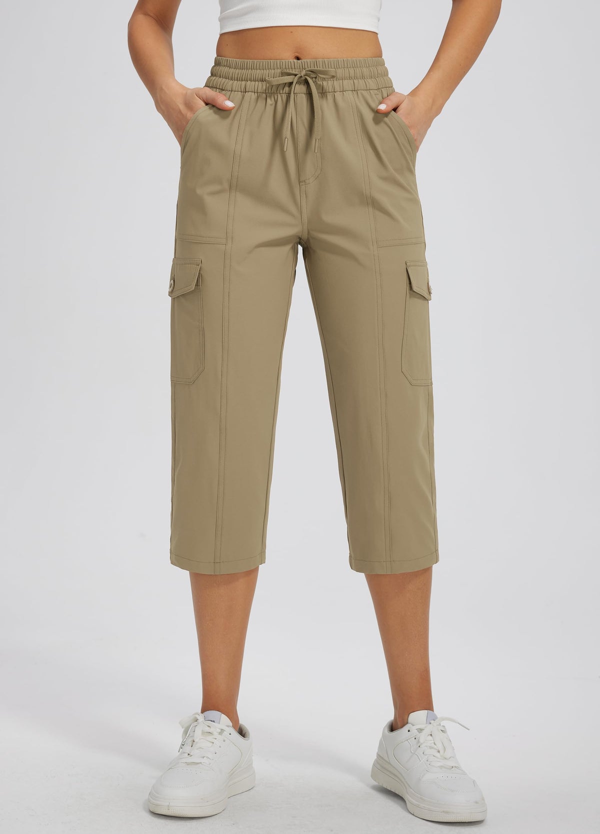 Libin Women's Capri Pants Cargo Capris Travel Hiking Casual Summer Cropped Pants Stretch Quick Dry Water Resistant, Dark Khaki XL
