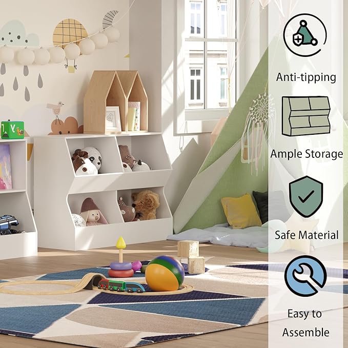 DINZI LVJ Kids Bookshelf, Toy Storage Organizer, Wooden Toy Storage Cabinet, 4 Cubby Children Bookcase, 43.3" L Toddler Book Shelf for Bedroom, Nursery, Hallway, School, White