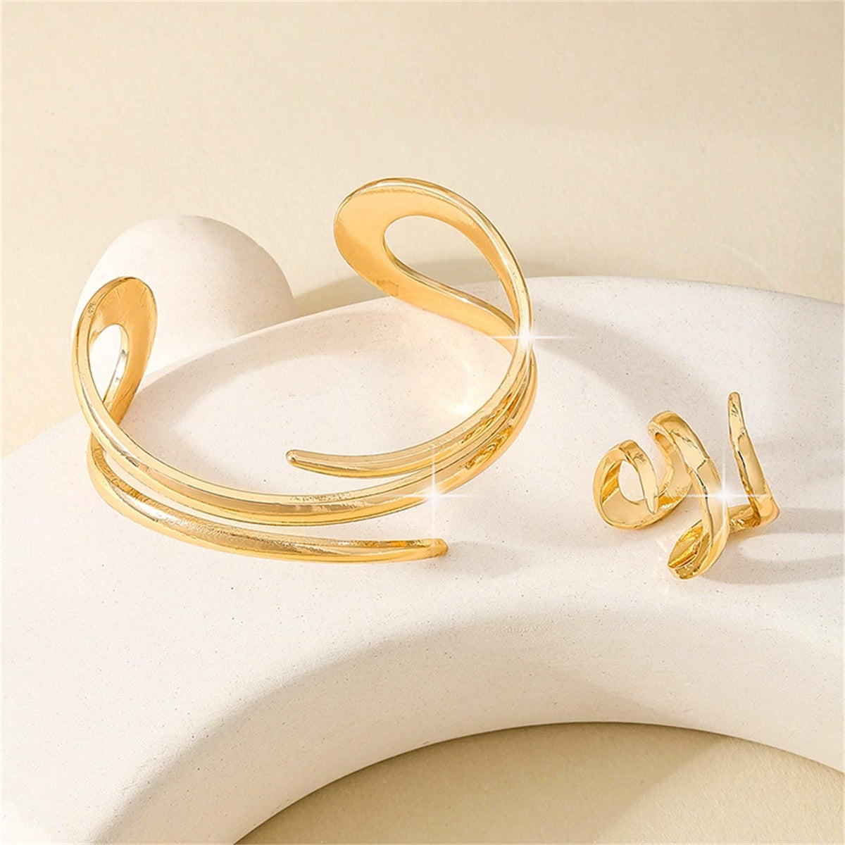 Annpro Chunky Cuff Bracelet with Ring Jewelry Set for Women Minimalist Wide Open Bracelet Simple Punk Snake Wrist Cuff Trendy Statement Jewelry (Style-C)