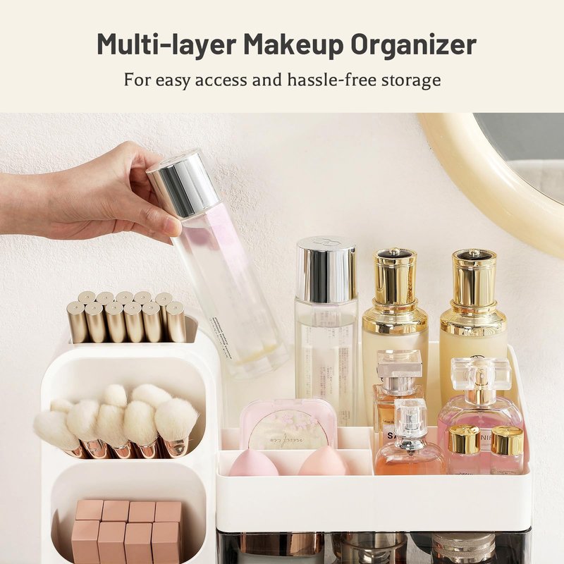 Aveniee Makeup Organizer with Drawers for Vanity, Big Cosmetic Display Case with Makeup Brush Holder, Bathroom Coutertop Organizers and Storage for Skincare Beauty Essentials (White)