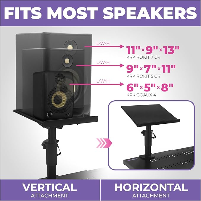 Liquid Stands Studio Monitor Stands - Music Studio Desktop Speaker Stand - 2 Pack 12x9 Clamp-on Adjustable Short or Tall Speaker Support for Music Booth Desk Audio Monitor Stand Mount with Tilt