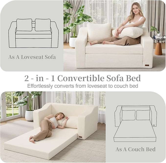 MeMoreCool Convertible Sofa Bed, Pull Out Loveseat Sofa Sleeper Couch for Bedroom Living Room Lounge, 2 in 1 Small Couch Bed with Pillow, Foldable Love Seat Futon Corduroy Beige