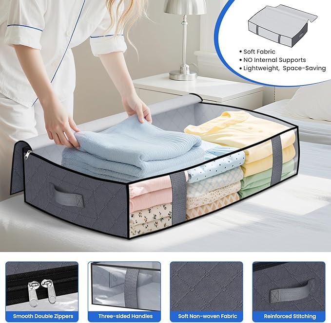 TasticTotes Under Bed Storage Containers, 6 Pack Blanket Storage Bags, Collapsible Storage Bags with Big Zippers, Clear Front, Shoe Storage and Organization for Clothes, Comforter, 60L, Grey
