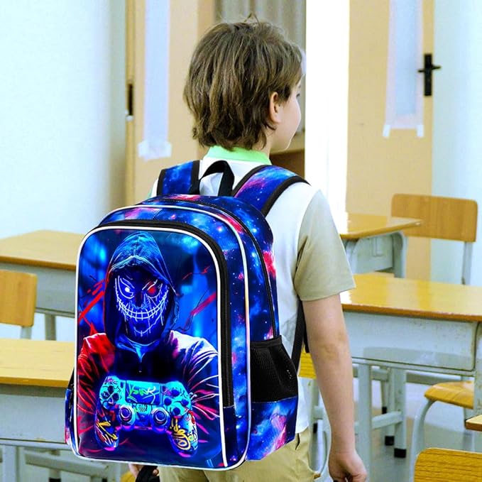 KLFVB 3PCS Backpack for Boys, 17" Kids Gaming Bookbag and Lunch Box, Water Resistant School Backpack for Teenagers Middle Elementary - Demon Game