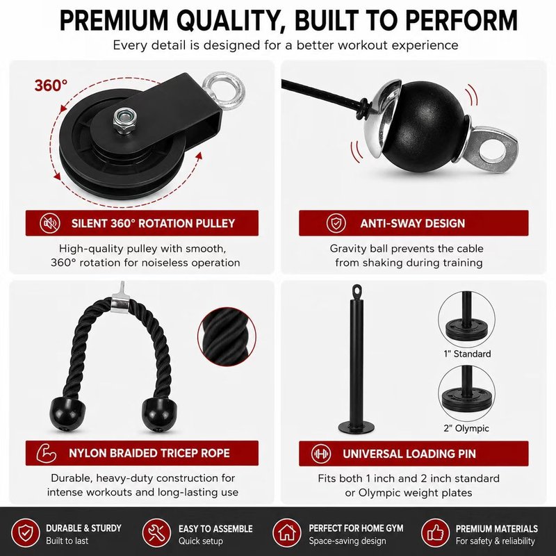 Cable Pulley System Home Gym, LAT Pull Down Weight Pulley System Gym Fitness DIY Loading Pin Weight Lifting Triceps Rope Workout Adjustable Length Pulley Cable Machine Attachments for Home Gym