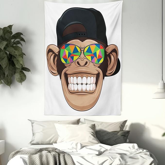 Ambesonne Cartoon Tapestry Queen Size, Fun Hipster Monkey with Colorful Sunglasses and Hat Rapper Hippie Ape Art, Wall Hanging Bedspread Bed Cover Wall Decor, 88" X 88", White Brown